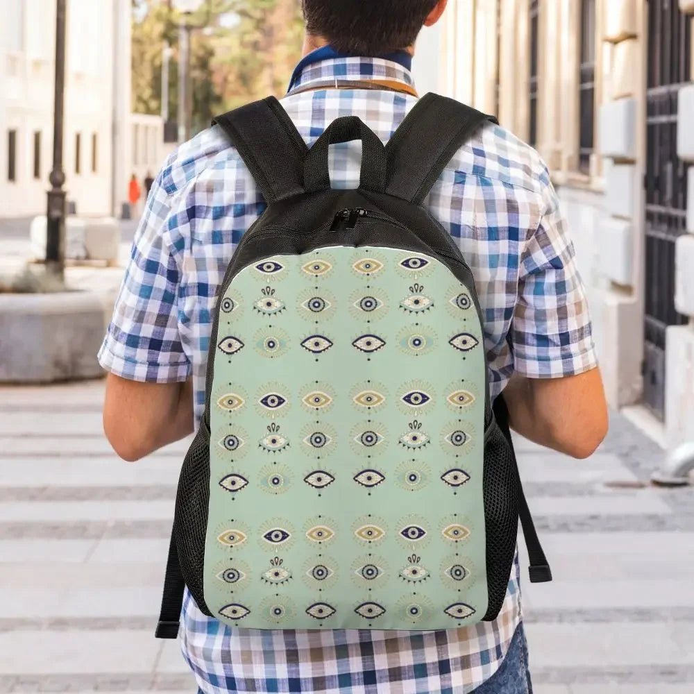 Custom Navy Blue White Mediterranean Evil Eye Mandala Pattern Backpacks Men Casual Bookbag for School College Bohemian Boho Bags