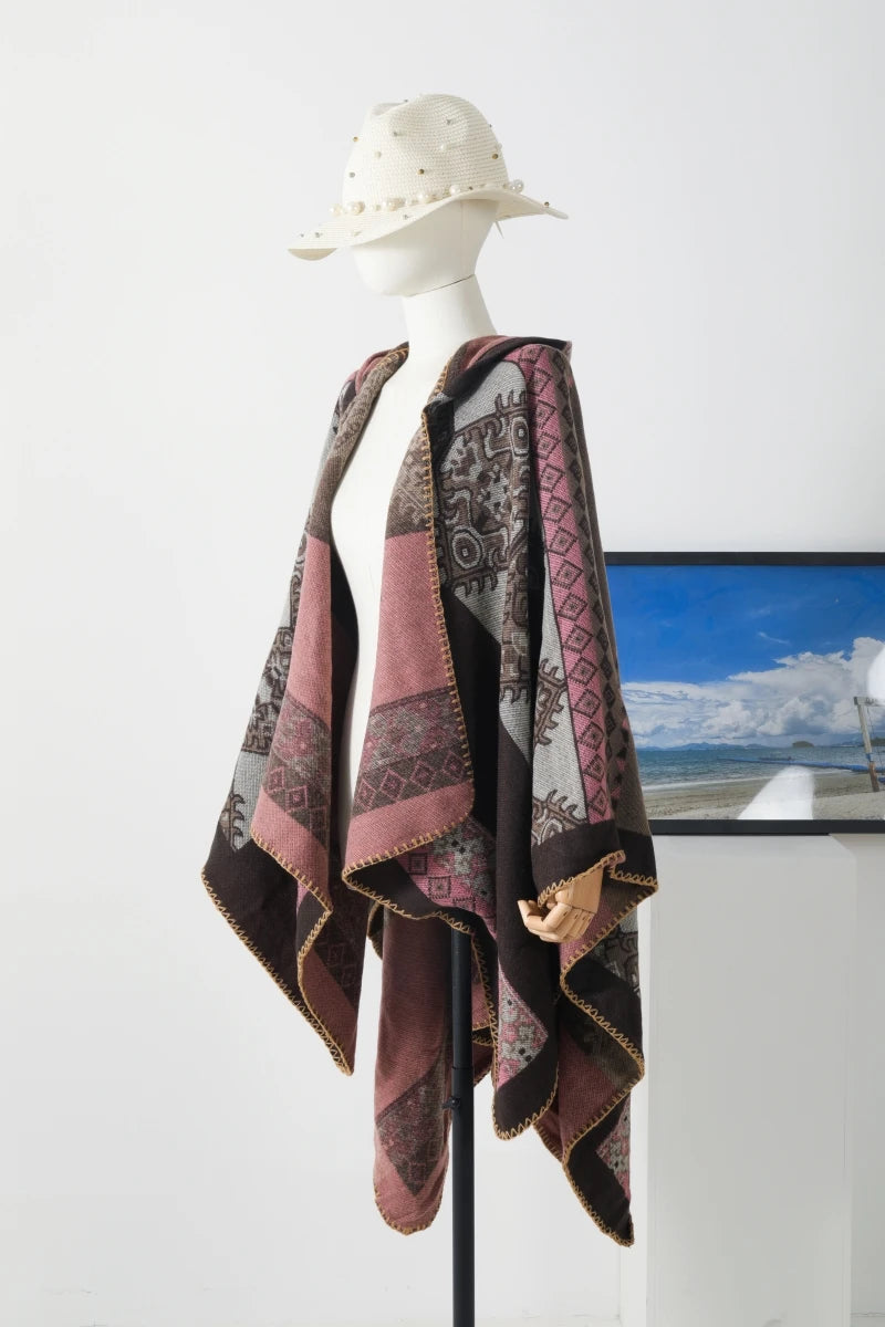 Jastie Retro Ethnic Large Shawl Ladies Fashion New Travel Knitted Hooded Poncho Women Boho Autumn Winter Warm Printed Cape Coats