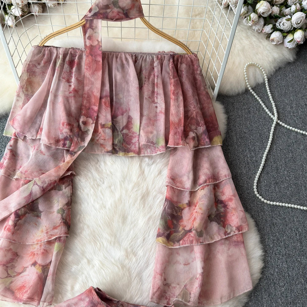 Holiday Ruffles Beach Skirts Suit Women Fashion Off Shoulder Floral Chiffon Tops  High Waist Mini Skirt Womens Two Peice Sets