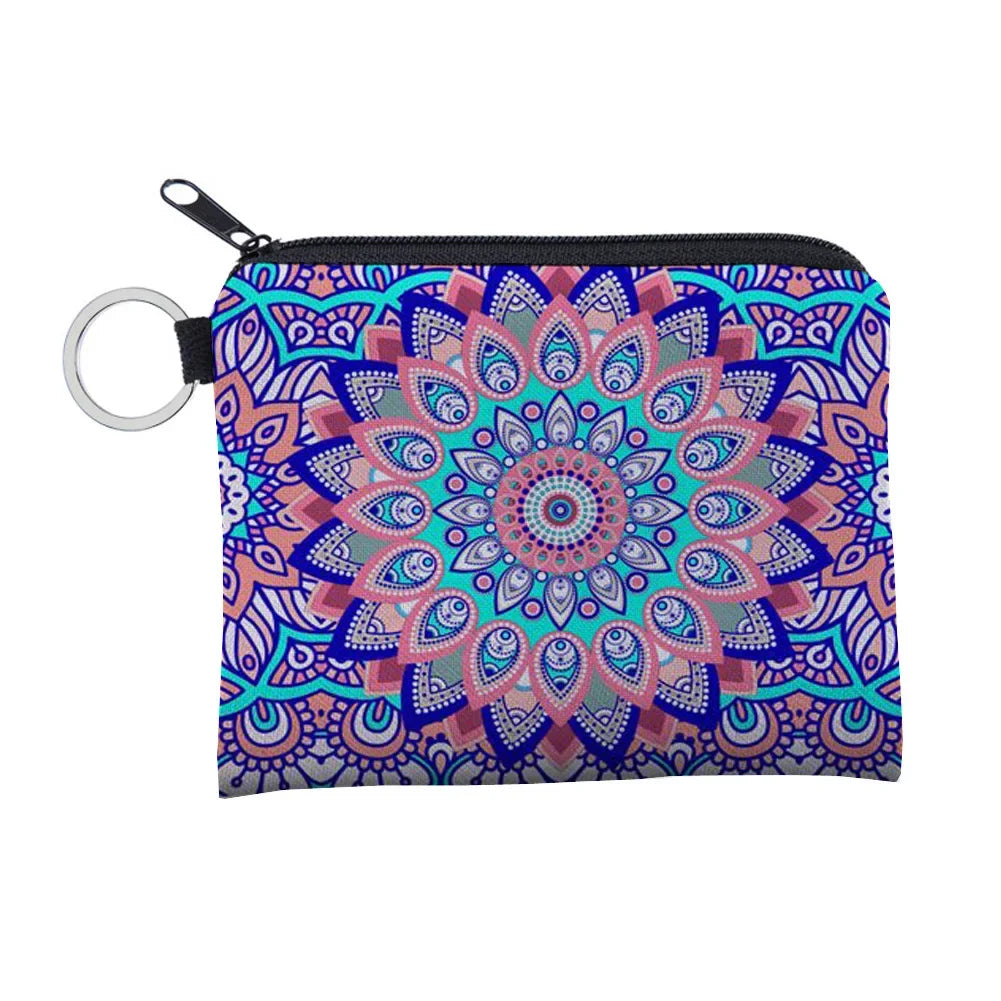 Bohemian Style Small Coin Purse Mini Wallet Coin Bag Datura flower pattern Print Waterproof with Zipper Keys Wallets for Women