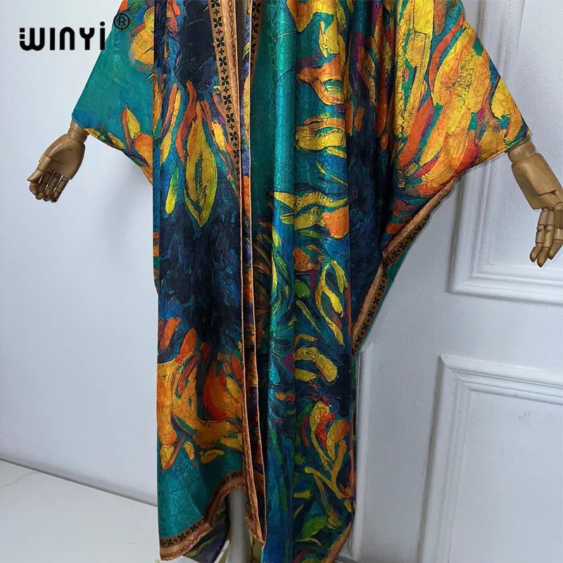 WINYI high quality boho print open coat Beach Wear Cover up elegant kaftan abaya dubai luxury Cardigan kimono maxi dress