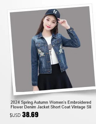 2024 Spring Women's Jacket Boho Denim Female Floral Appliques Embroidery Vintage Coat Long Sleeve Outerwear Jackets Coatee