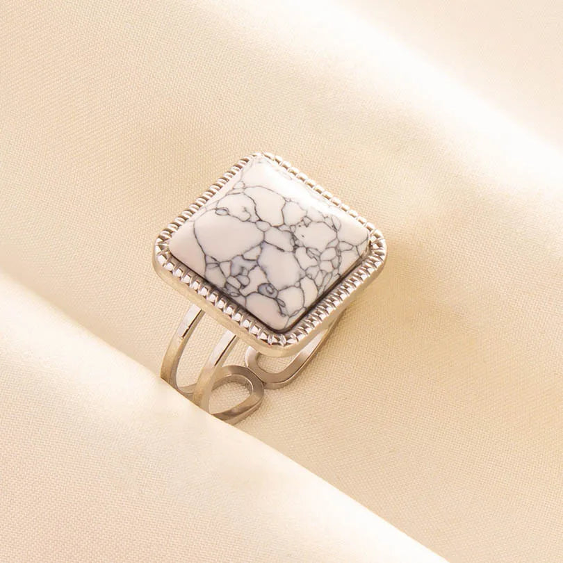Chic Bohemian White Turquoise Statement Silver Color Ring Stainless Steel Opening Adjustable Boho Ring Jewelry Gifts Never Fade