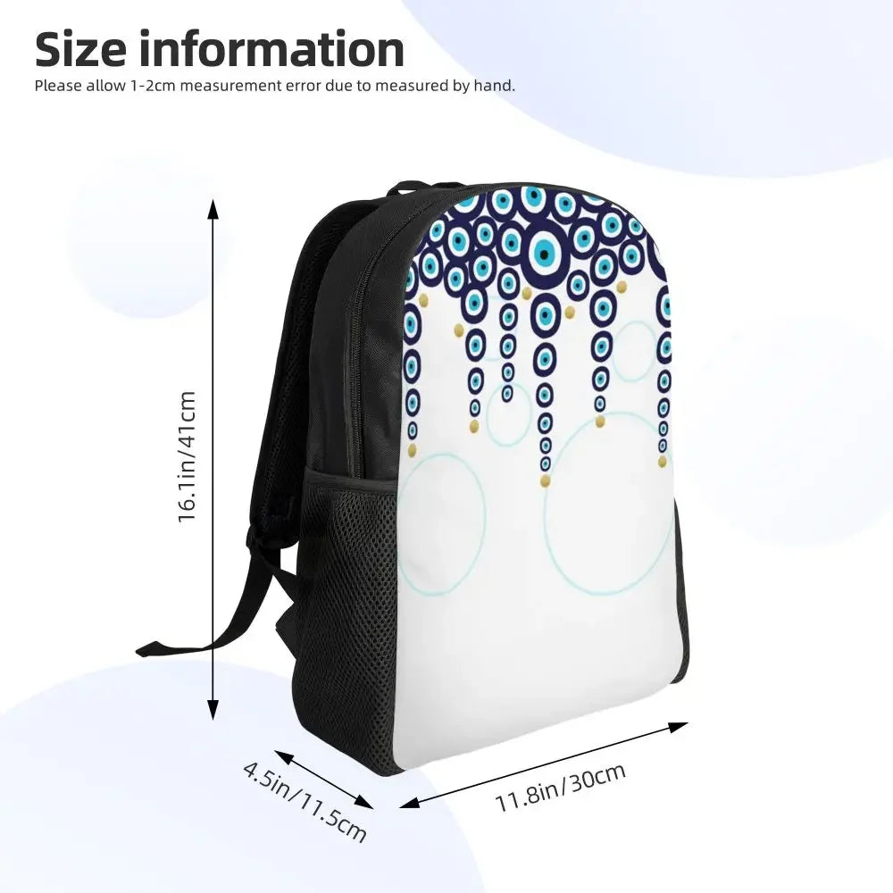 Custom Navy Blue White Mediterranean Evil Eye Mandala Pattern Backpacks Men Casual Bookbag for School College Bohemian Boho Bags
