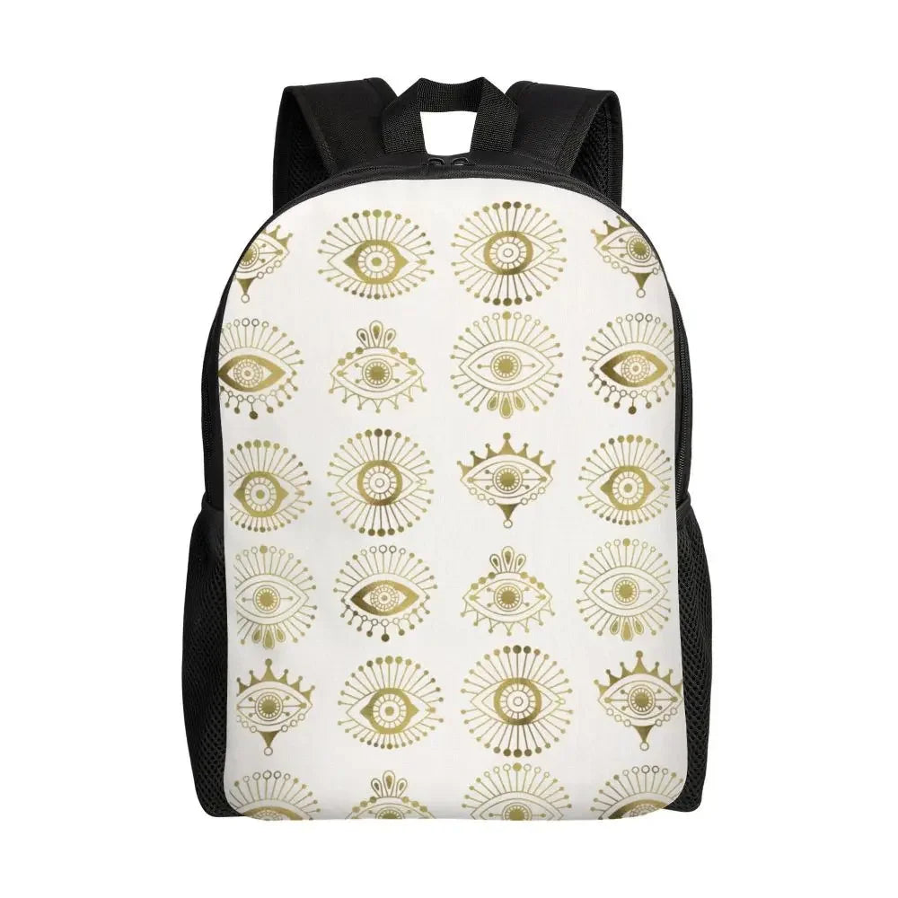 Custom Navy Blue White Mediterranean Evil Eye Mandala Pattern Backpacks Men Casual Bookbag for School College Bohemian Boho Bags