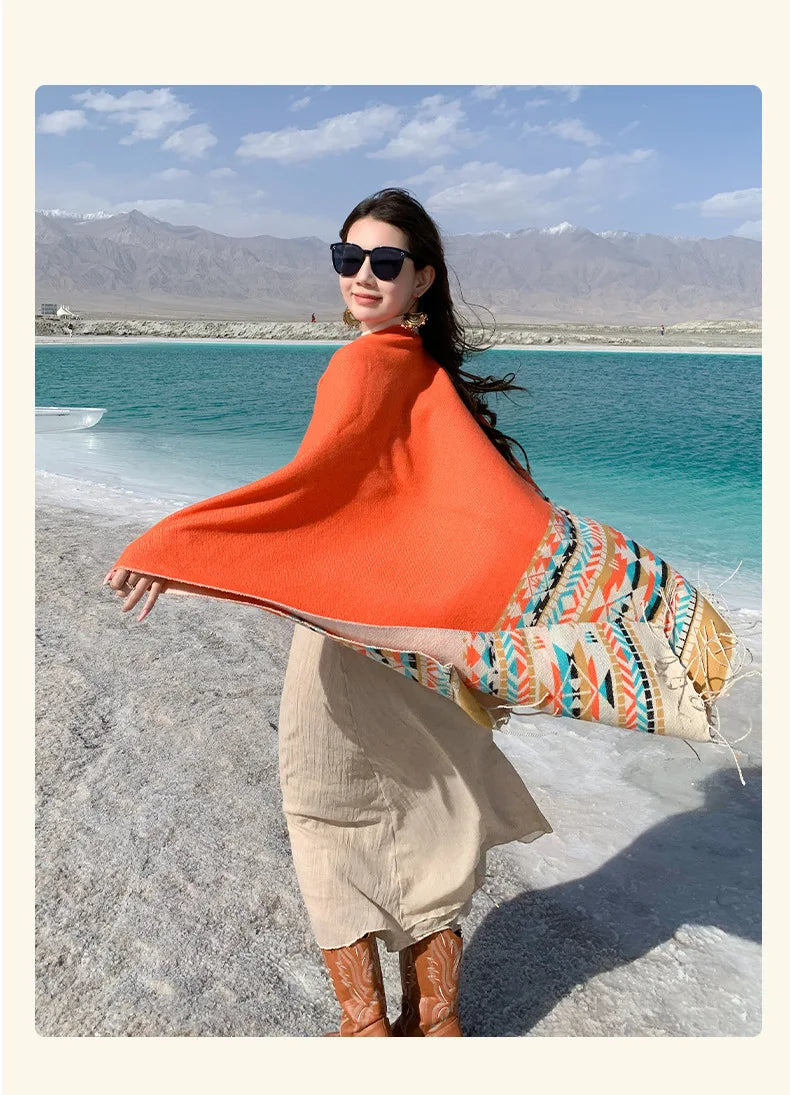 WeHello - Bohemian shawl tie dyed stripe overlay, imitation cashmere cape ethnic style warmth overlay with scarf