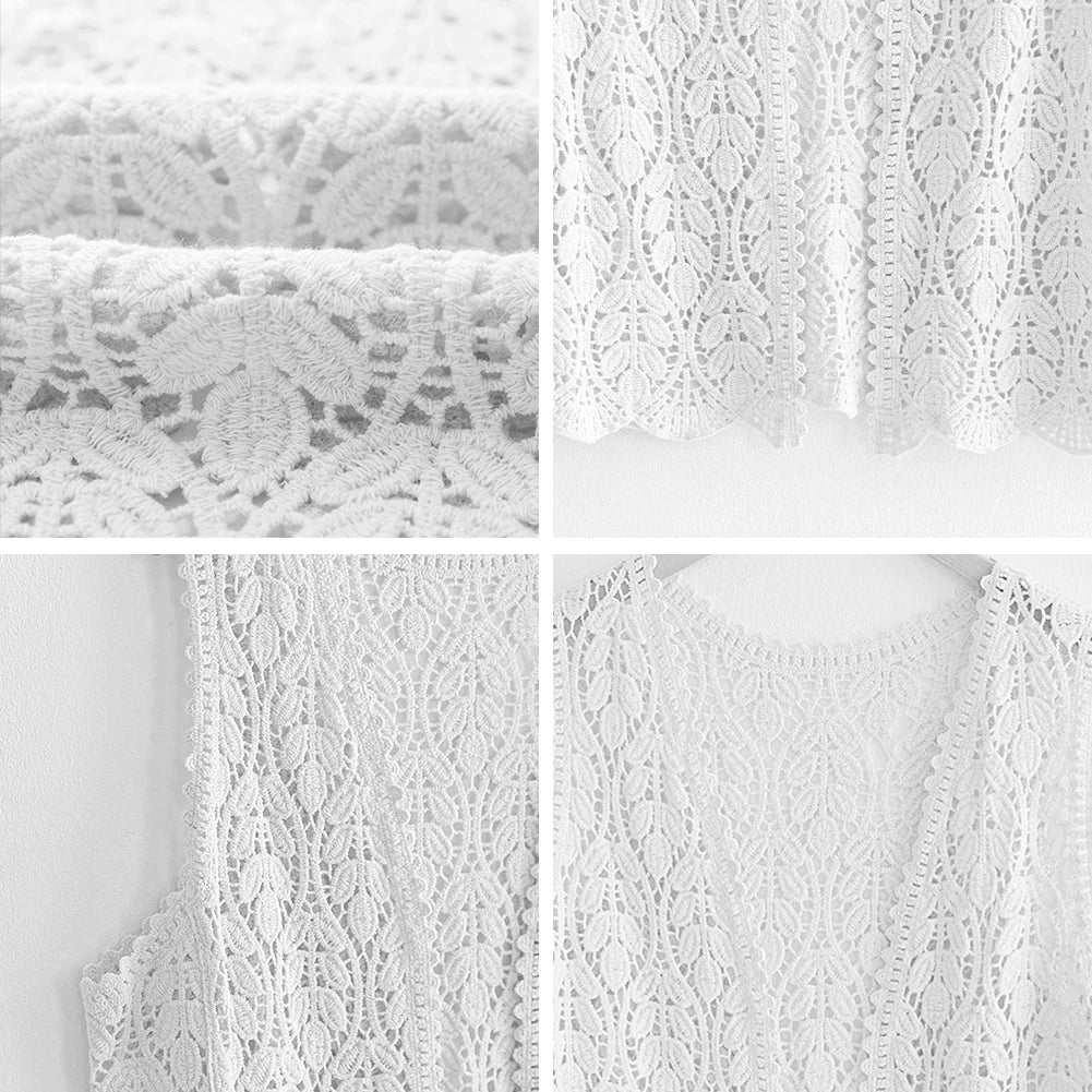 Womens Floral Crochet Lace Boho Trim Sleeveless Open Front Vest Cardigan White Beige