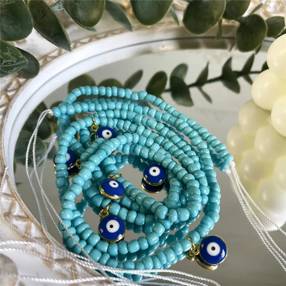 Boho Evil Eye Pendant Beaded Waist Chain for Female Plus Size African Non-Stretching Tie-on Belly Chain Bikini Body Jewelry 2022