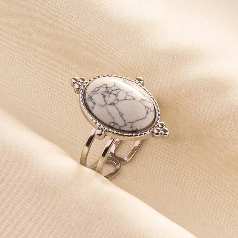 Chic Bohemian White Turquoise Statement Silver Color Ring Stainless Steel Opening Adjustable Boho Ring Jewelry Gifts Never Fade