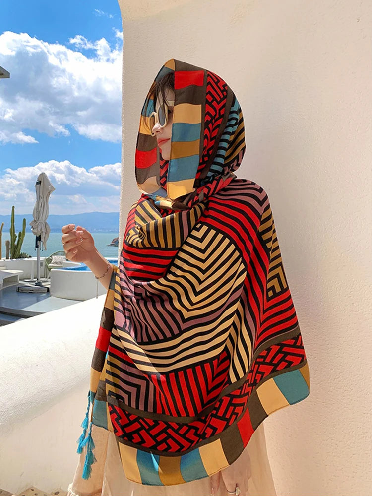 Summer Elegant Women Silk Scarf Beach Wrap Shawl Vintage Striped Print Lady Sunscreen Bandana Long Hijab Mujer Boho Scarve Pareo
