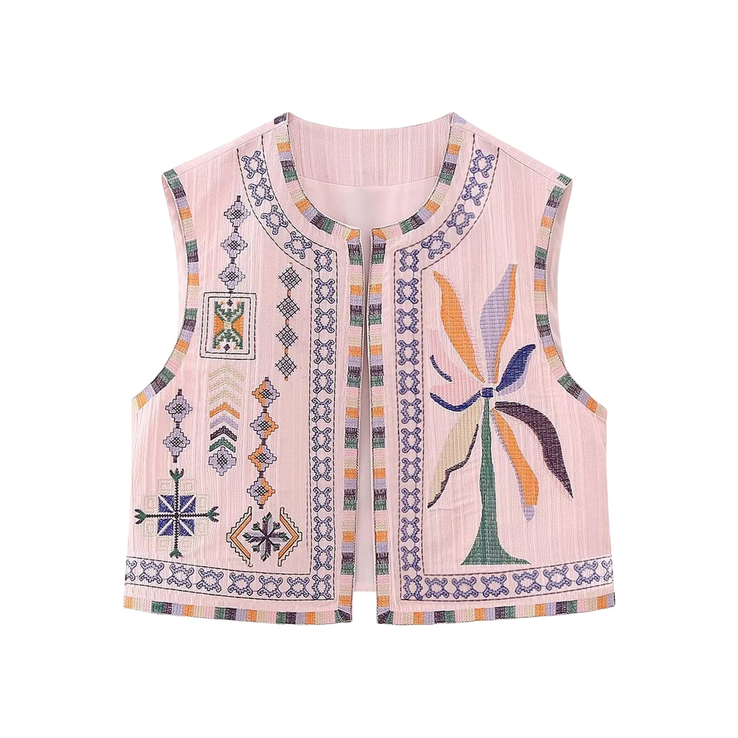 Combhasaki Women's Y2K Vintage Aesthetic Embroidery Vest Sleeveless Cardigan Round Neck Open Front Cropped Jackets Boho Outwear