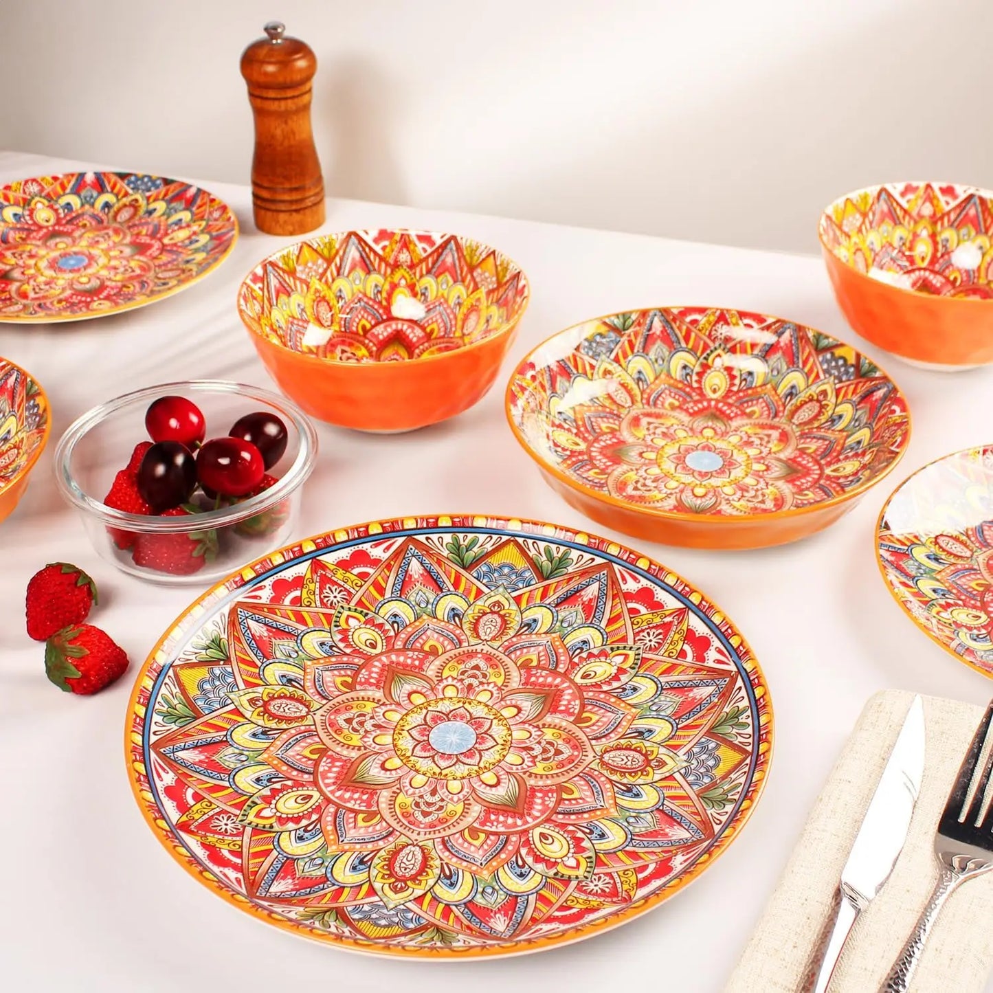 Dinnerware Sets (12 pcs) Serves for 4, Buffet Dinnerware, Boho Plates and Bowls Set with 8.3"salad Plate 10.6"dinner Plate 6.3"b