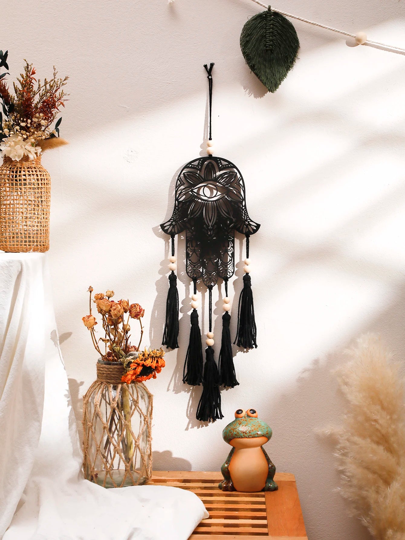 Hamsa Hand Wooden Wall Decor Black Evil Eye Macrame Boho Home Decoration Hanging Decor Room Decors Aesthetic Gift Room Ornament