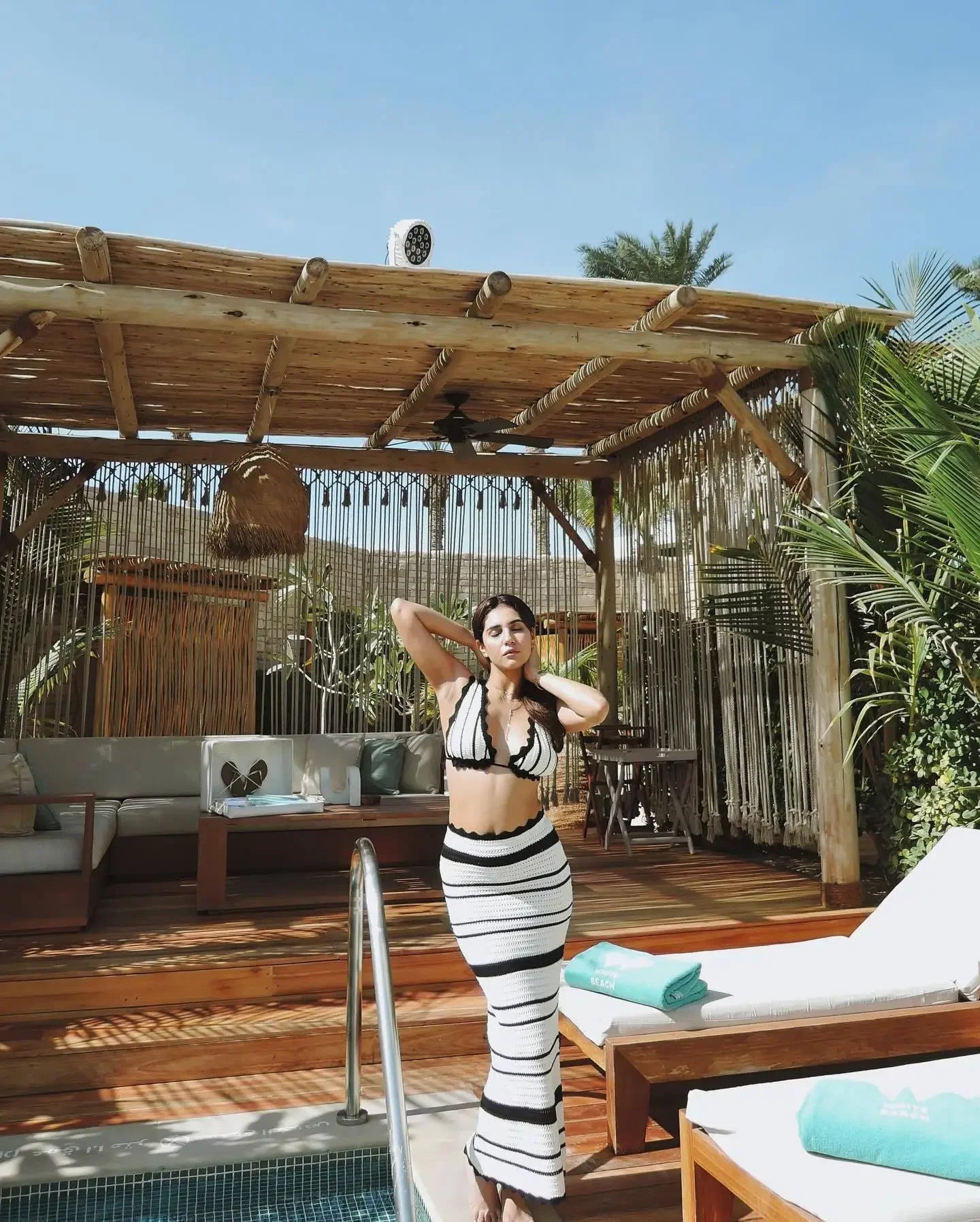 Trendix Stripe Knit Skirt And Bra Sets Women Sexy Backless Sleeveless Bikini Top Boho Party Elegant Knitwear Long Evening Dress