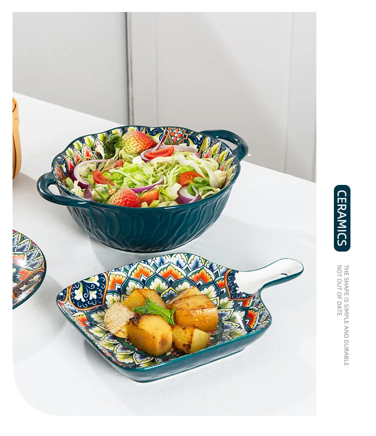 Retro Ceramic Dinner Plates Set Bohemia Style Food Plate Household Tableware Set Breakfast Plates Salad Soup Bowls Dinnerware
