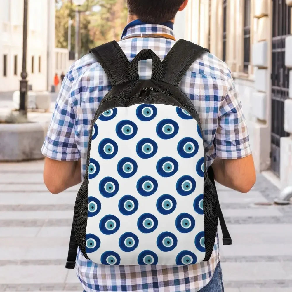 Custom Navy Blue White Mediterranean Evil Eye Mandala Pattern Backpacks Men Casual Bookbag for School College Bohemian Boho Bags