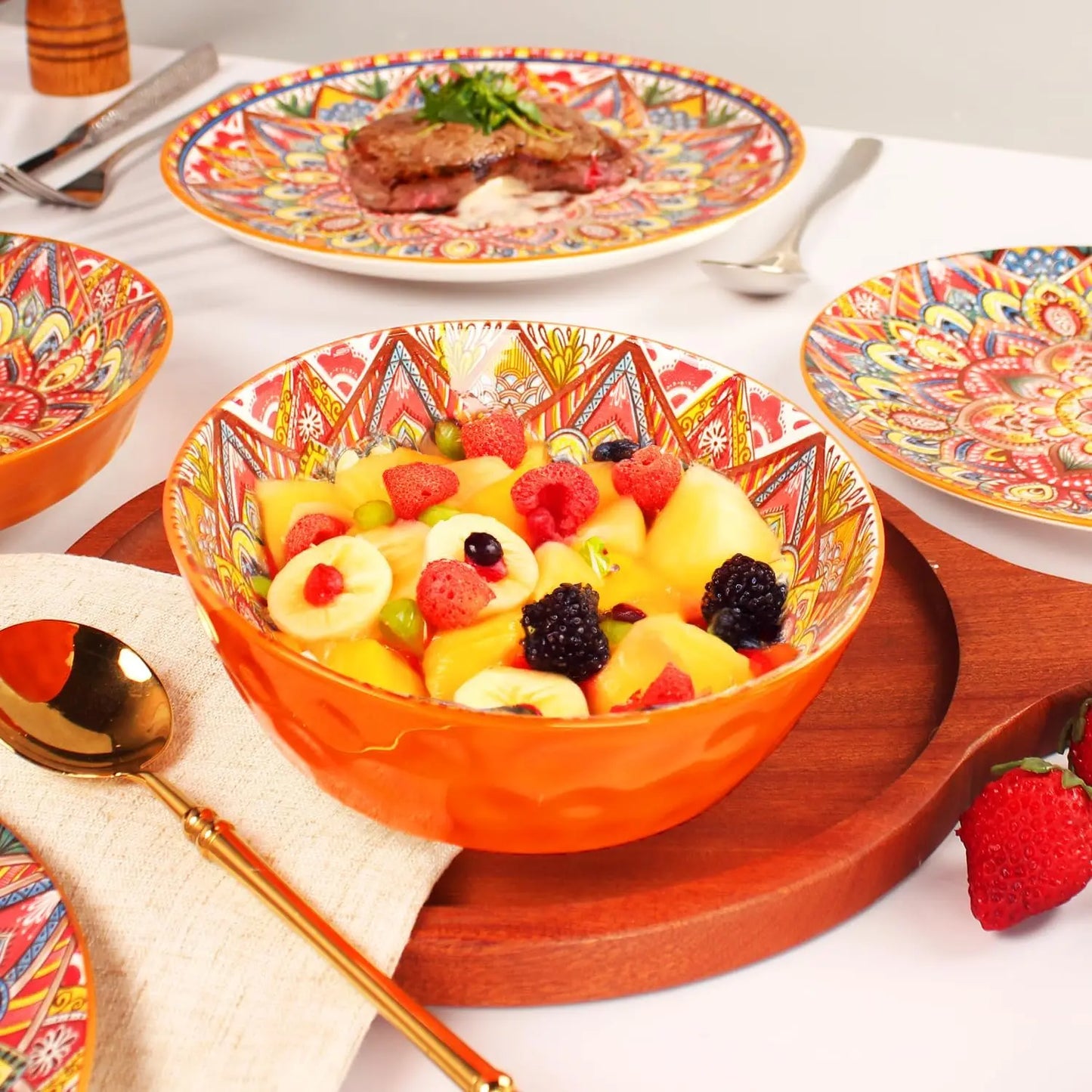 Dinnerware Sets (12 pcs) Serves for 4, Buffet Dinnerware, Boho Plates and Bowls Set with 8.3"salad Plate 10.6"dinner Plate 6.3"b