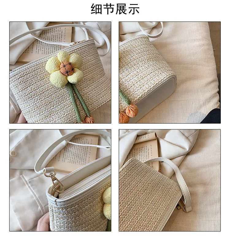 2024 New Woven Bag Women's Summer Versatile Crossbody Beach Resort Bag Mini Bohemian Phone Wallet Bucket Bag