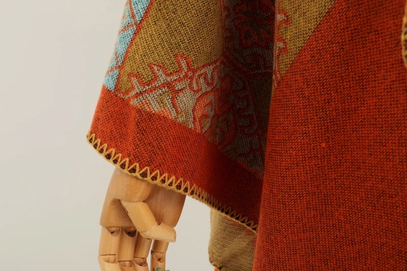 Jastie Retro Ethnic Large Shawl Ladies Fashion New Travel Knitted Hooded Poncho Women Boho Autumn Winter Warm Printed Cape Coats