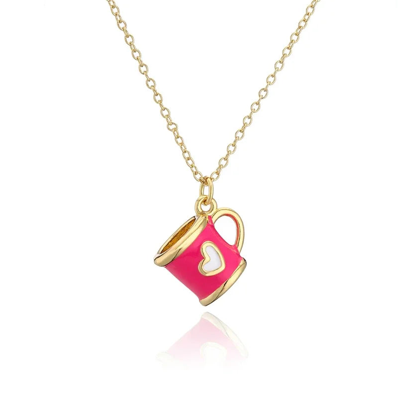 Boho Hand Made Tea Cup Necklace Pendant Woman Collier Long Gold Color Sweater Chain Clothing Enamel Collane Jewelry New