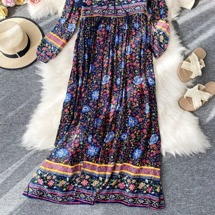 Vintage Women's Beach Skirt Dress Long Sleeve Floral Print Beach Bohemian Straight V-neck Maxi Dress Summer Ladies Dress