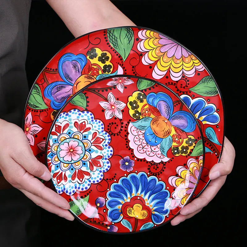 Creative Boho Ceramic Plate European Classical Painted Steak Pasta Dinner Plates Restaurant Hotel Serving Tray Home Tableware