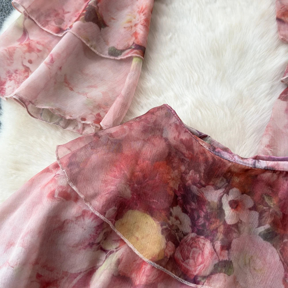 Holiday Ruffles Beach Skirts Suit Women Fashion Off Shoulder Floral Chiffon Tops  High Waist Mini Skirt Womens Two Peice Sets