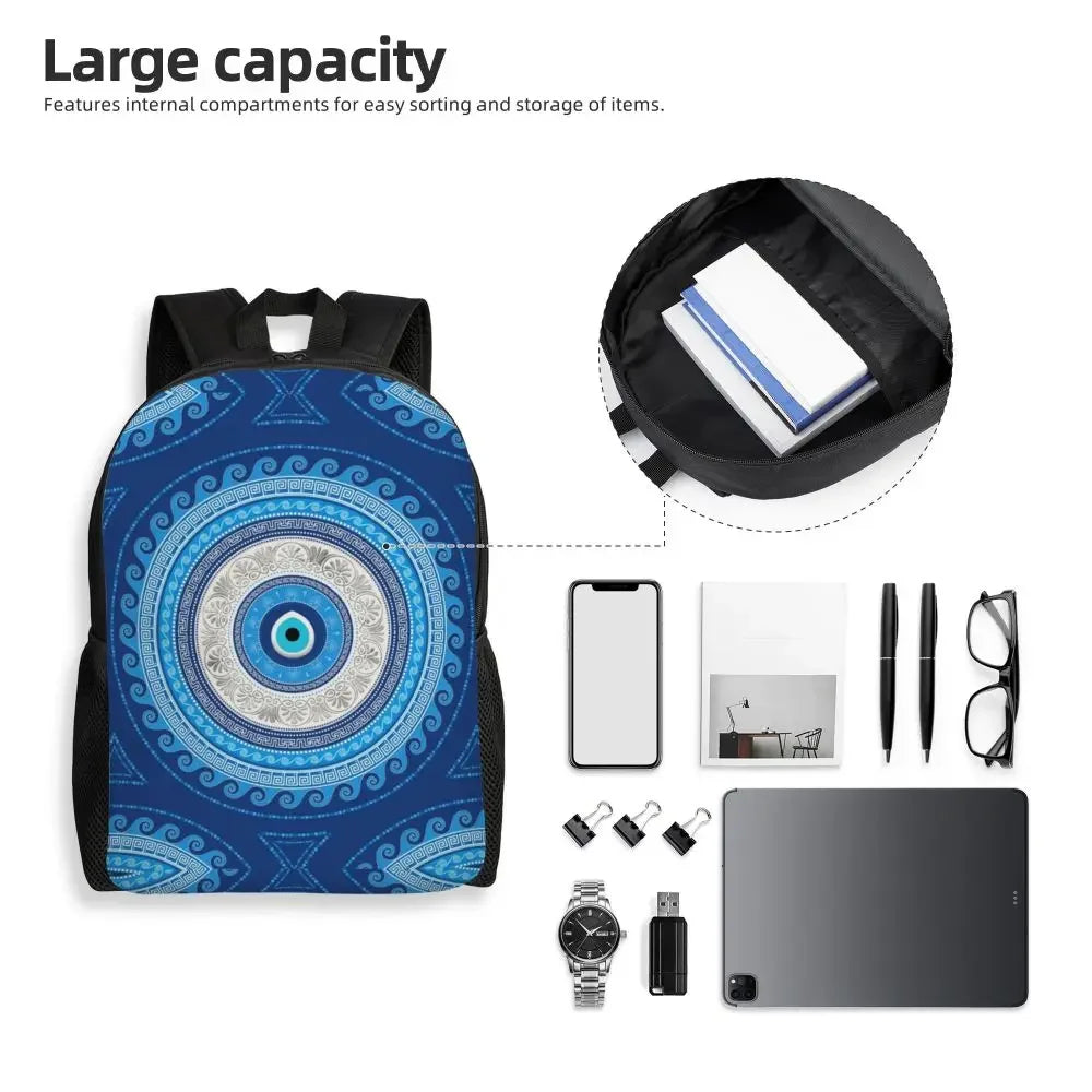 Custom Navy Blue White Mediterranean Evil Eye Mandala Pattern Backpacks Men Casual Bookbag for School College Bohemian Boho Bags