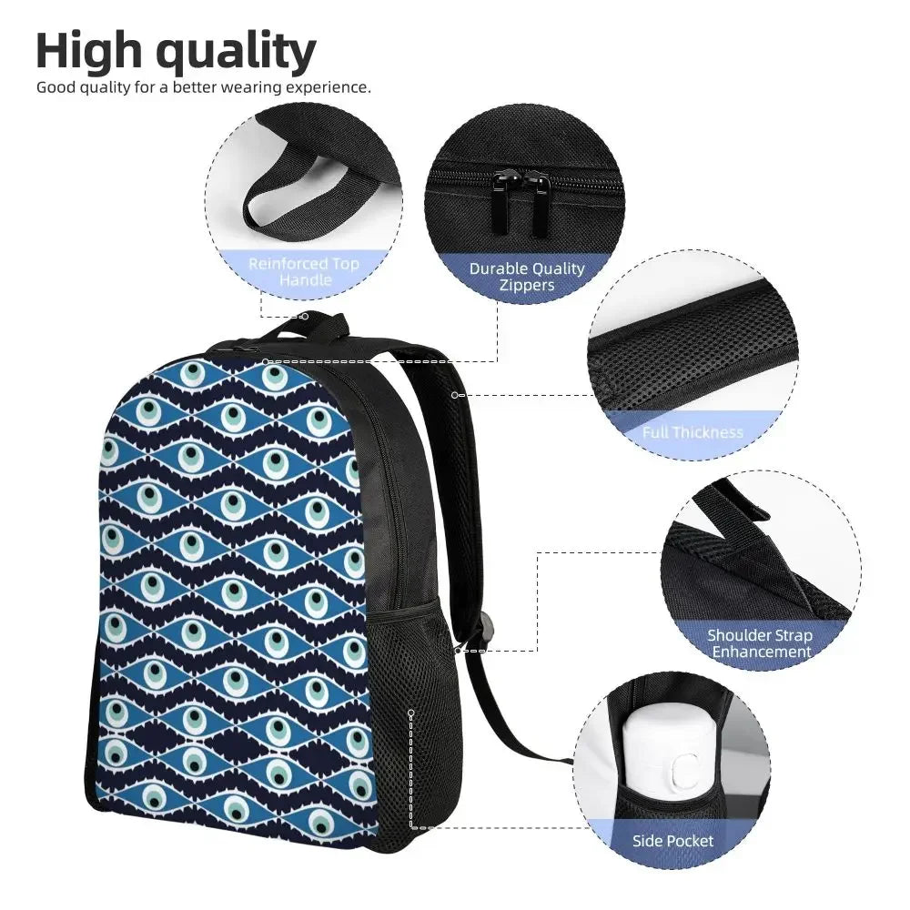 Custom Navy Blue White Mediterranean Evil Eye Mandala Pattern Backpacks Men Casual Bookbag for School College Bohemian Boho Bags