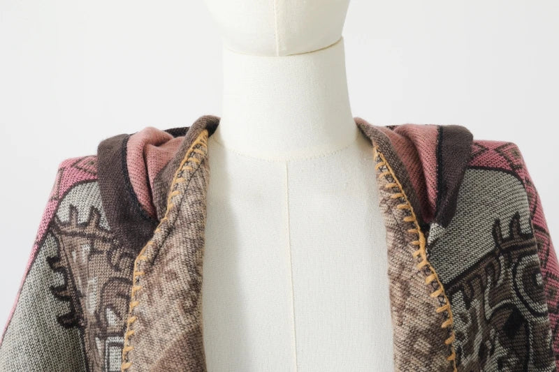 Jastie Retro Ethnic Large Shawl Ladies Fashion New Travel Knitted Hooded Poncho Women Boho Autumn Winter Warm Printed Cape Coats