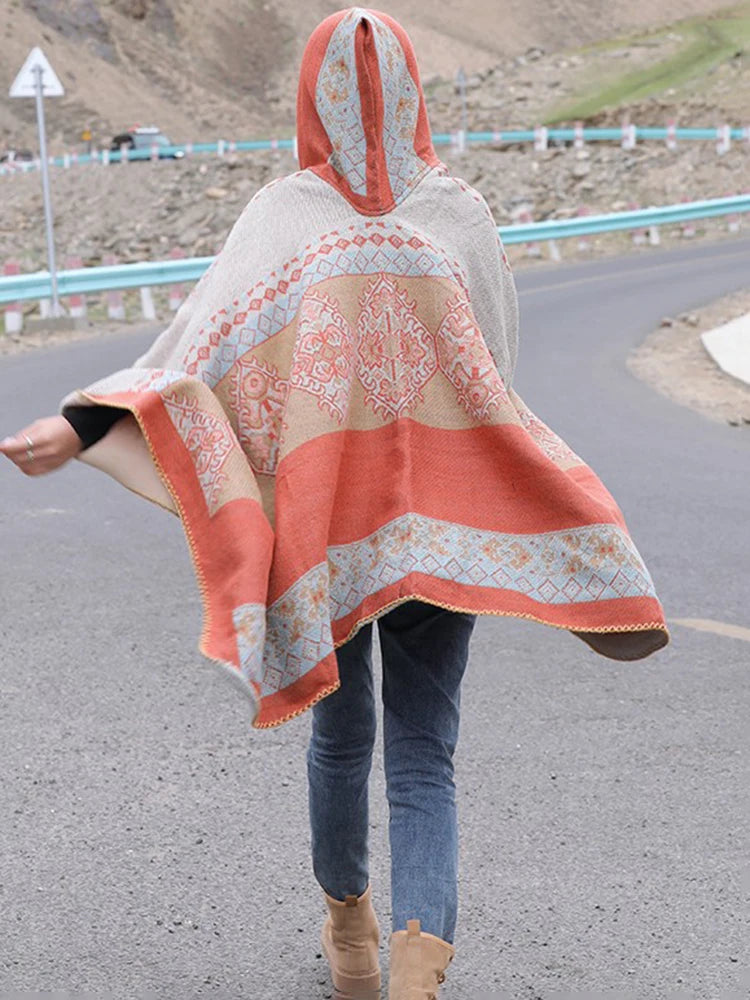 Jastie Retro Ethnic Large Shawl Ladies Fashion New Travel Knitted Hooded Poncho Women Boho Autumn Winter Warm Printed Cape Coats