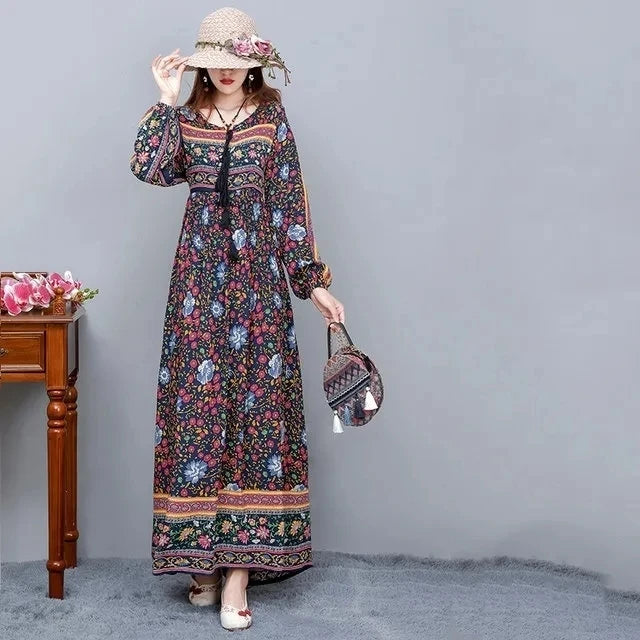 Vintage Women's Beach Skirt Dress Long Sleeve Floral Print Beach Bohemian Straight V-neck Maxi Dress Summer Ladies Dress