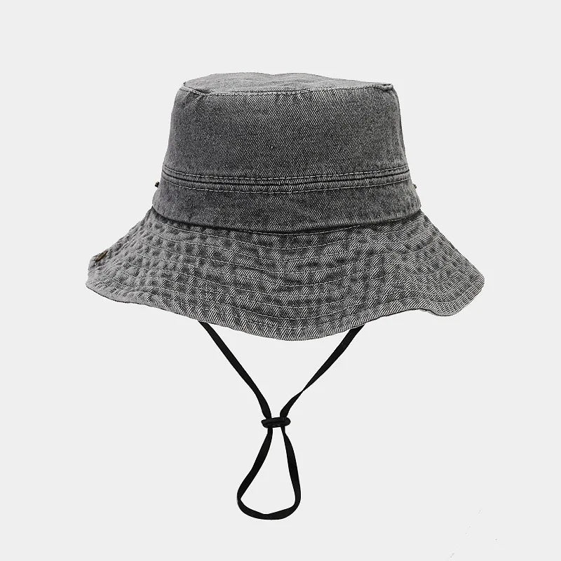 Women Girls Bucket Caps Pure Cotton Denim Stone-Washed Adjustable Safari Booney Sun Hats Wide Brim Adjustalbe