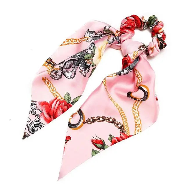 Bohemian Fashion Flower Printed Satin Elastic Long Ribbon Hair Bands Ponytail Scarf Hair Tie Women Scrunchies Hair Accessories