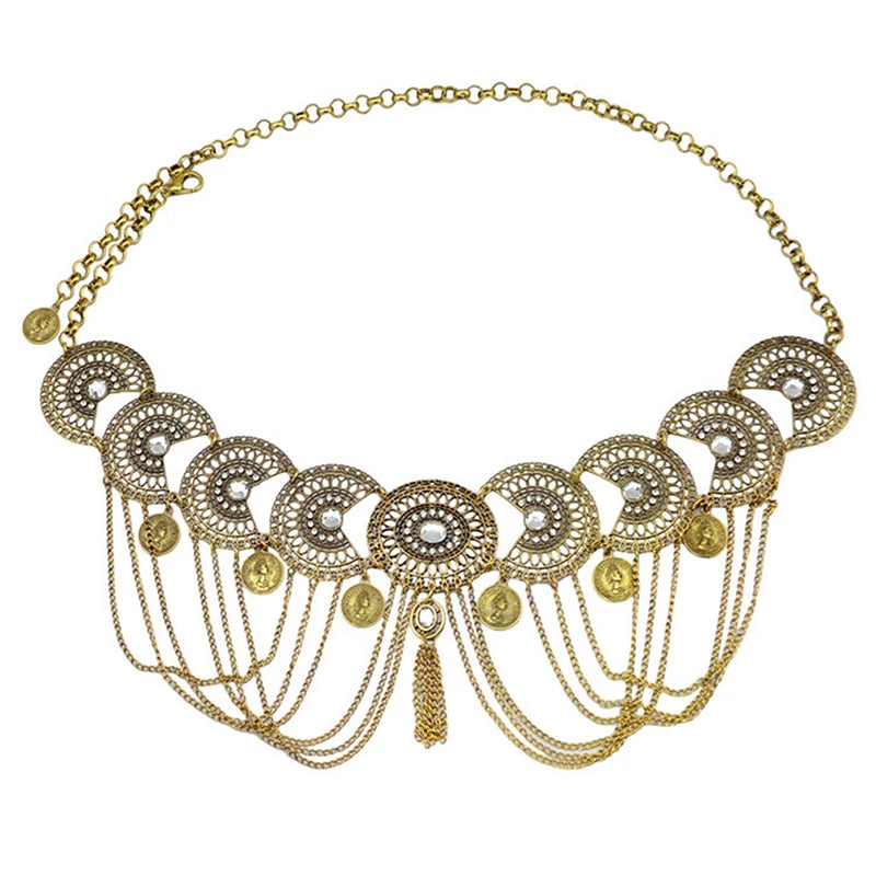 Gypsy Afghan Coin Ethnic Waist Belly Chains Hollow Moon Crystal Flower Long Tassel Moroccan Belts Indian Sexy Body Chain Jewelry