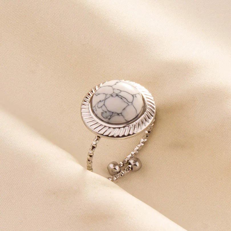 Chic Bohemian White Turquoise Statement Silver Color Ring Stainless Steel Opening Adjustable Boho Ring Jewelry Gifts Never Fade