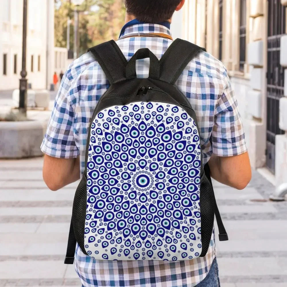 Custom Navy Blue White Mediterranean Evil Eye Mandala Pattern Backpacks Men Casual Bookbag for School College Bohemian Boho Bags