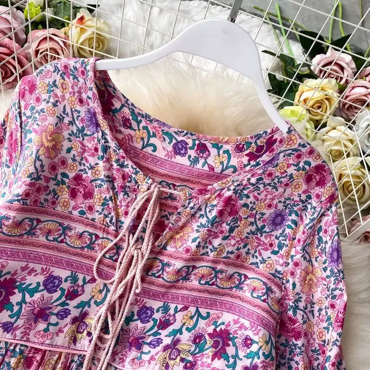 Vintage Women's Beach Skirt Dress Long Sleeve Floral Print Beach Bohemian Straight V-neck Maxi Dress Summer Ladies Dress