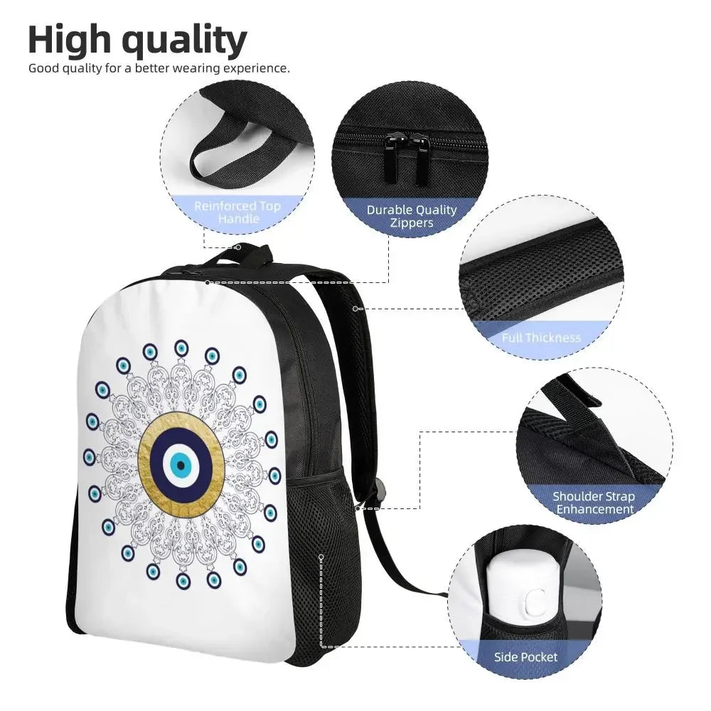 Custom Navy Blue White Mediterranean Evil Eye Mandala Pattern Backpacks Men Casual Bookbag for School College Bohemian Boho Bags