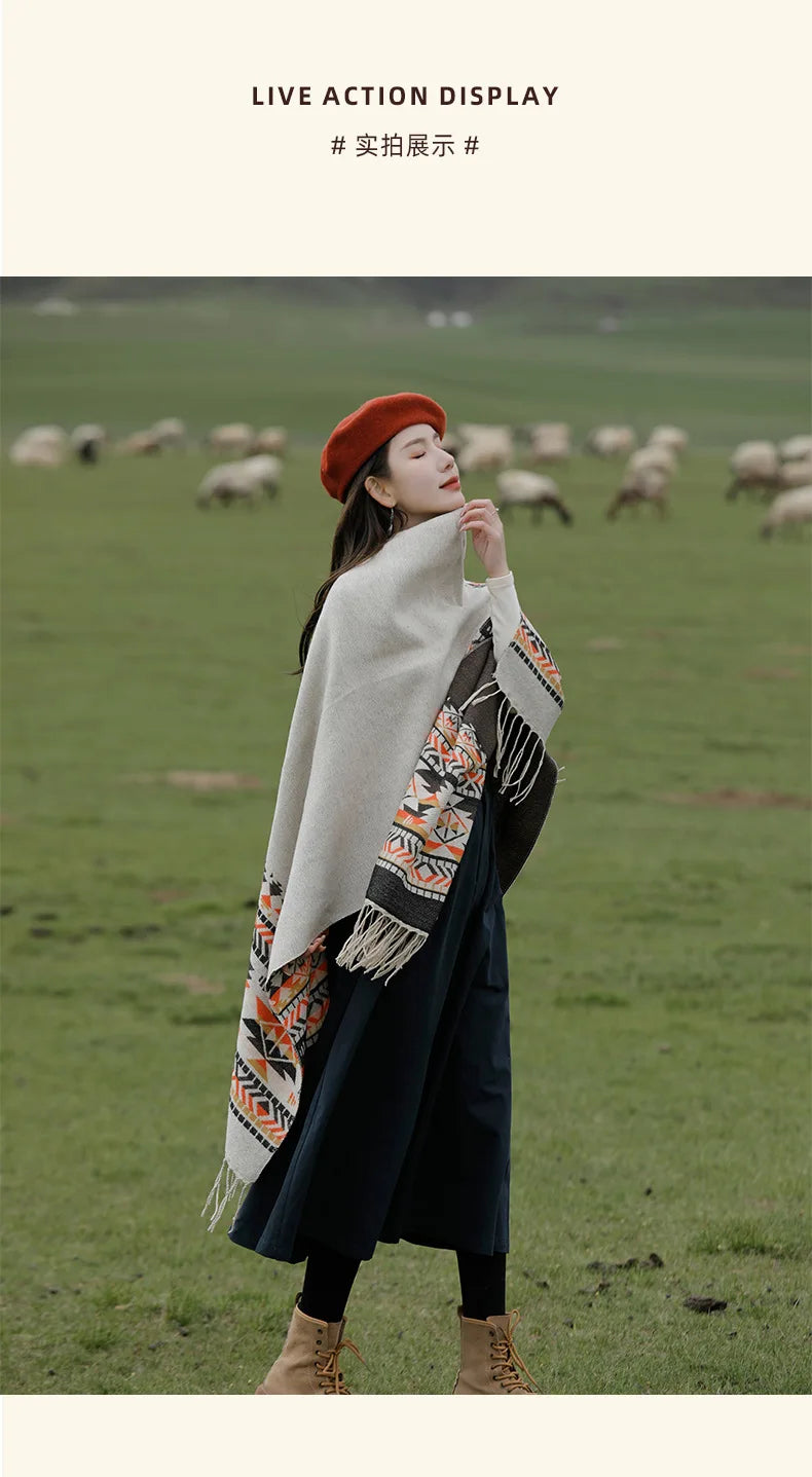 WeHello - Bohemian shawl tie dyed stripe overlay, imitation cashmere cape ethnic style warmth overlay with scarf