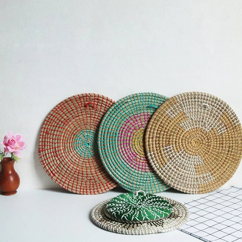 Seagrass Wall Basket Decor Hanging Boho Woven Flat Baskets for Living Room Family Room Bedroom Kitchen Bathroom Decor