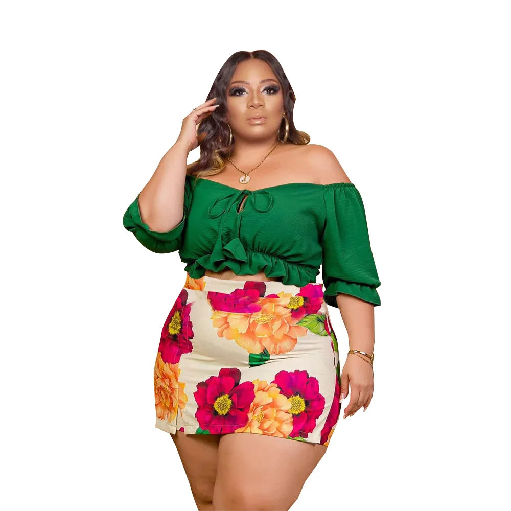 2022 Sexy Women Plus Size Two Piece Sets One Word Shoulder Top and Mini Skirt Pants Summer Bohemian Wholesale Dropshipping