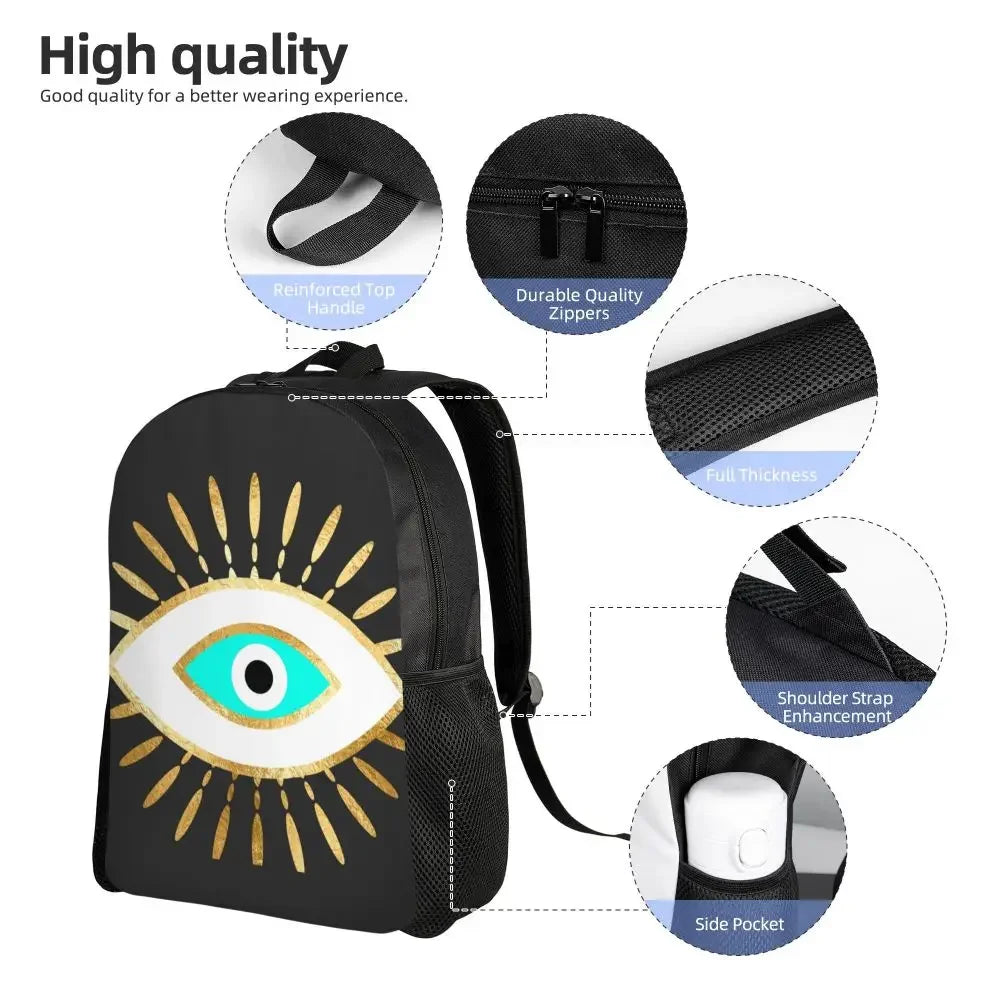 Custom Navy Blue White Mediterranean Evil Eye Mandala Pattern Backpacks Men Casual Bookbag for School College Bohemian Boho Bags