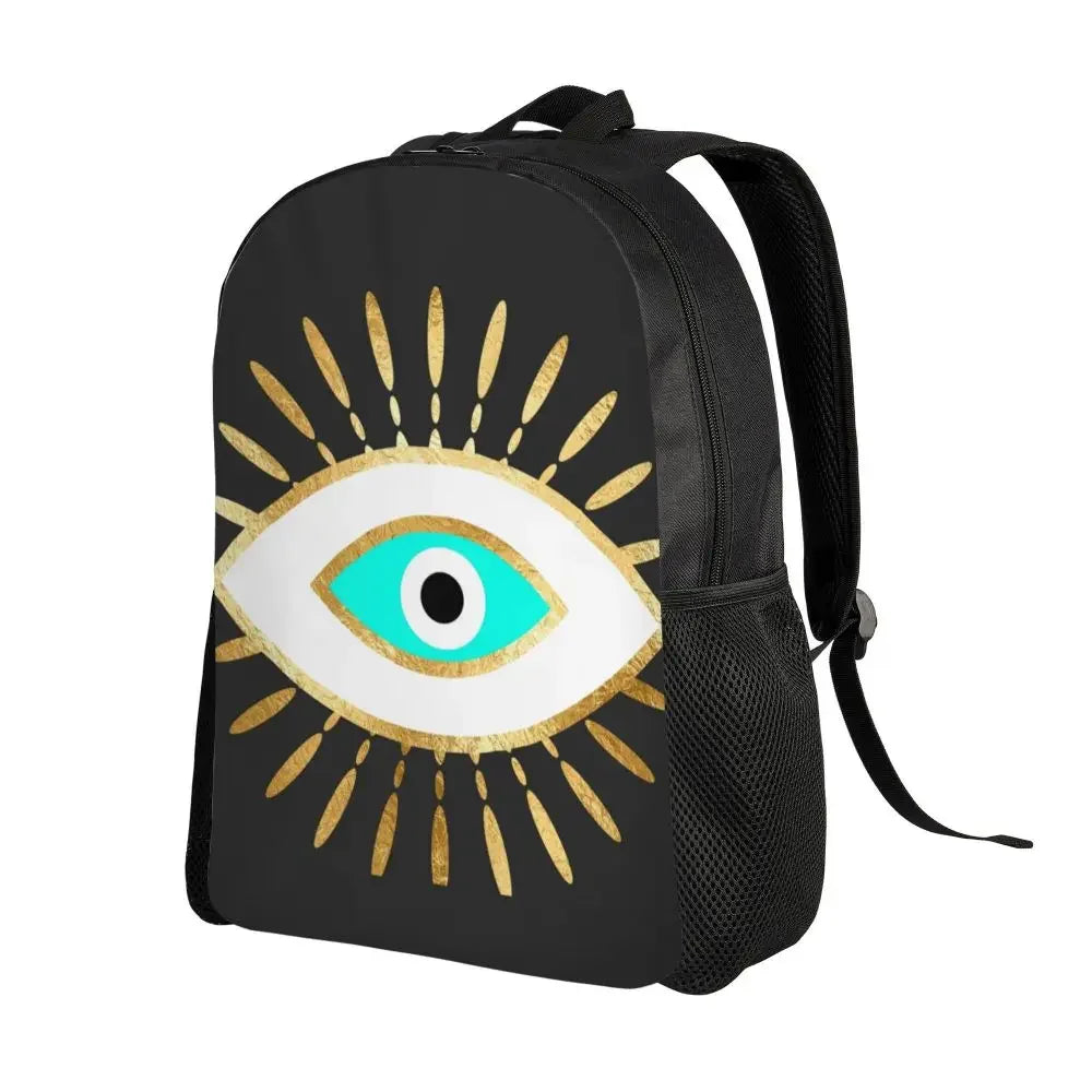Custom Navy Blue White Mediterranean Evil Eye Mandala Pattern Backpacks Men Casual Bookbag for School College Bohemian Boho Bags