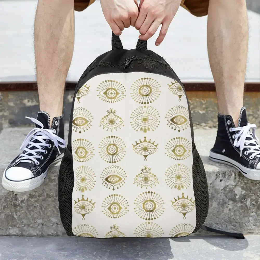 Custom Navy Blue White Mediterranean Evil Eye Mandala Pattern Backpacks Men Casual Bookbag for School College Bohemian Boho Bags