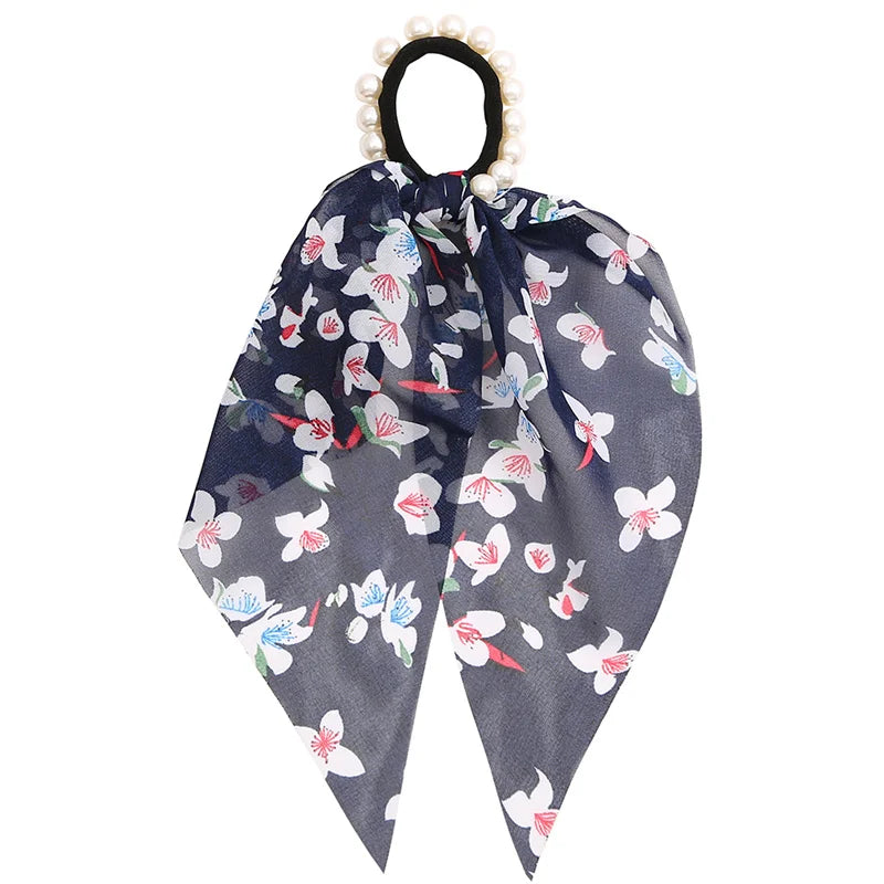 Bohemian Fashion Flower Printed Satin Elastic Long Ribbon Hair Bands Ponytail Scarf Hair Tie Women Scrunchies Hair Accessories
