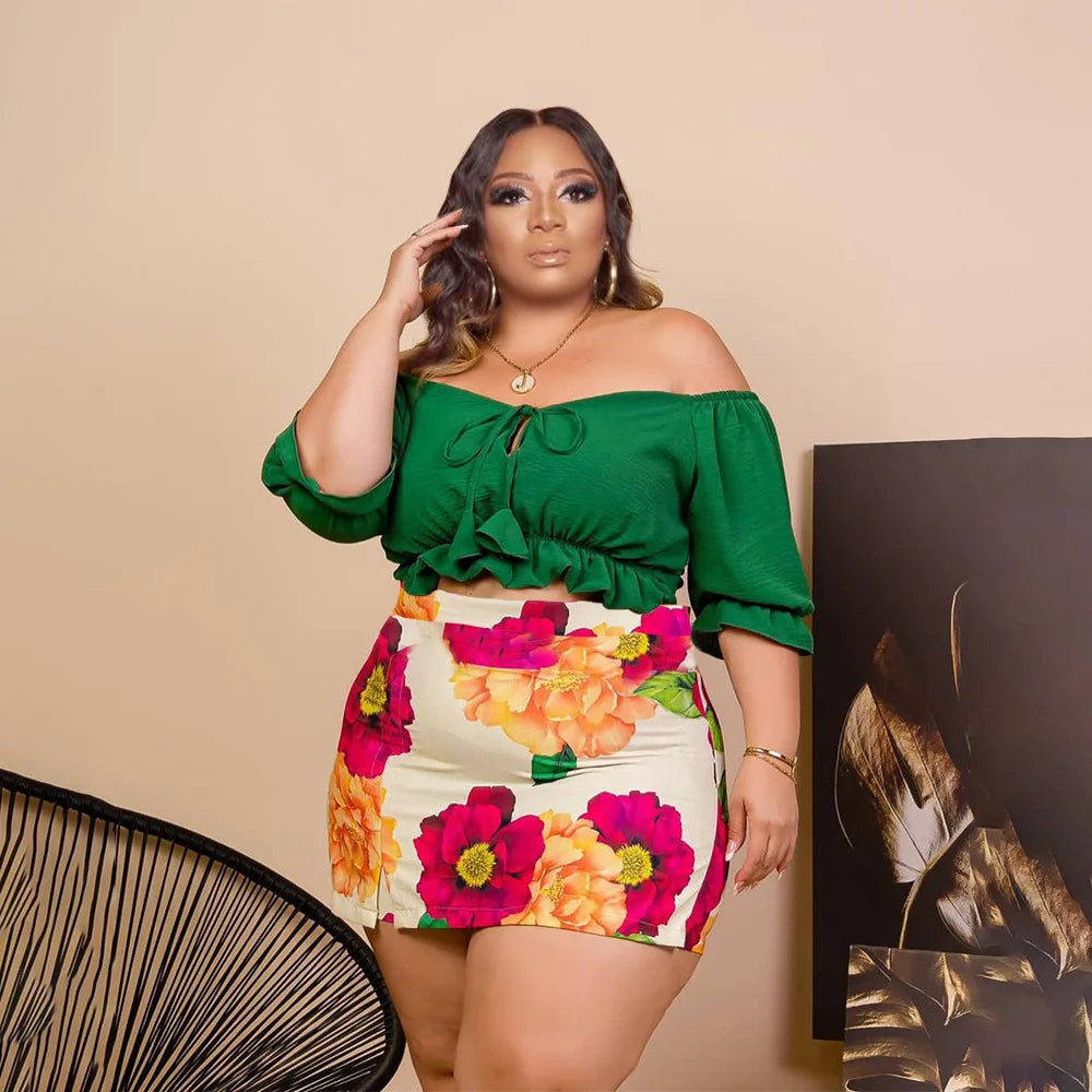 2022 Sexy Women Plus Size Two Piece Sets One Word Shoulder Top and Mini Skirt Pants Summer Bohemian Wholesale Dropshipping