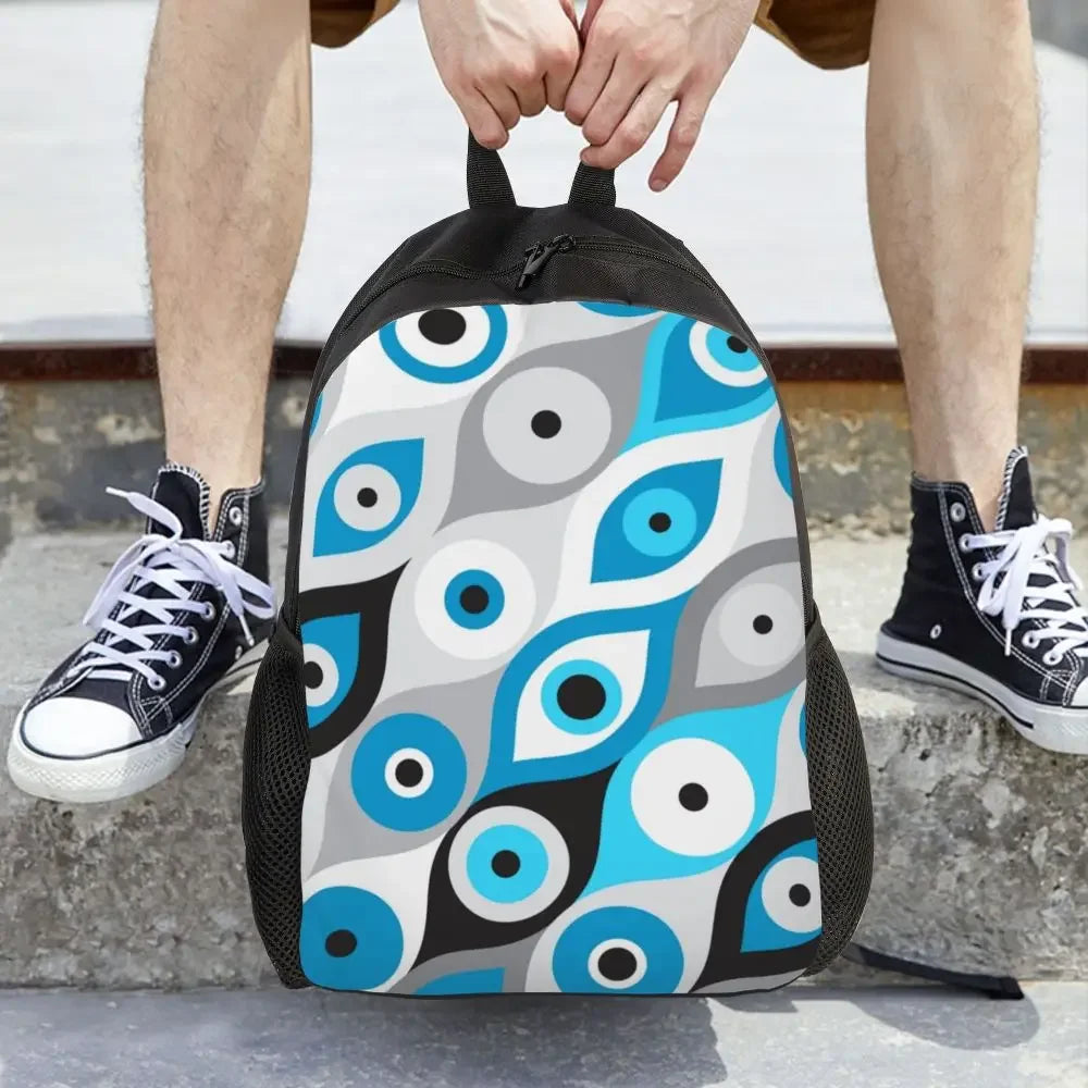 Custom Navy Blue White Mediterranean Evil Eye Mandala Pattern Backpacks Men Casual Bookbag for School College Bohemian Boho Bags