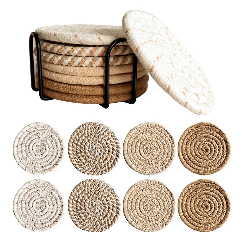 8Pcs/Set Cotton Rope Woven Round Coaster Set Mug Insulated Pad Boho Style Drink Coaster Tea Cup Mat For Coffee Home Decoration