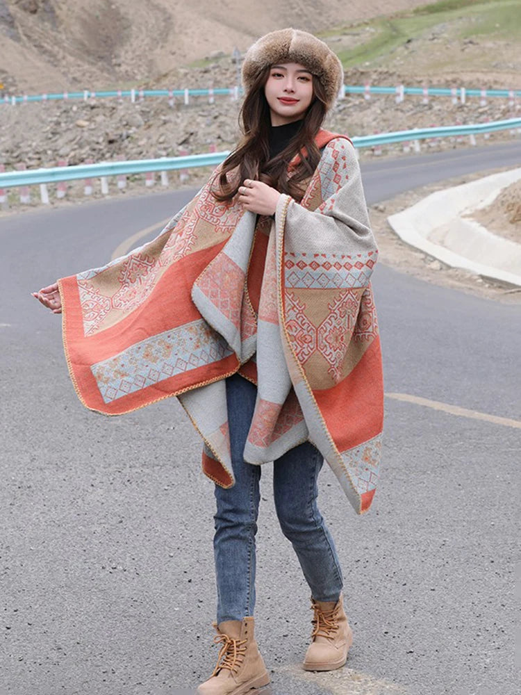 Jastie Retro Ethnic Large Shawl Ladies Fashion New Travel Knitted Hooded Poncho Women Boho Autumn Winter Warm Printed Cape Coats